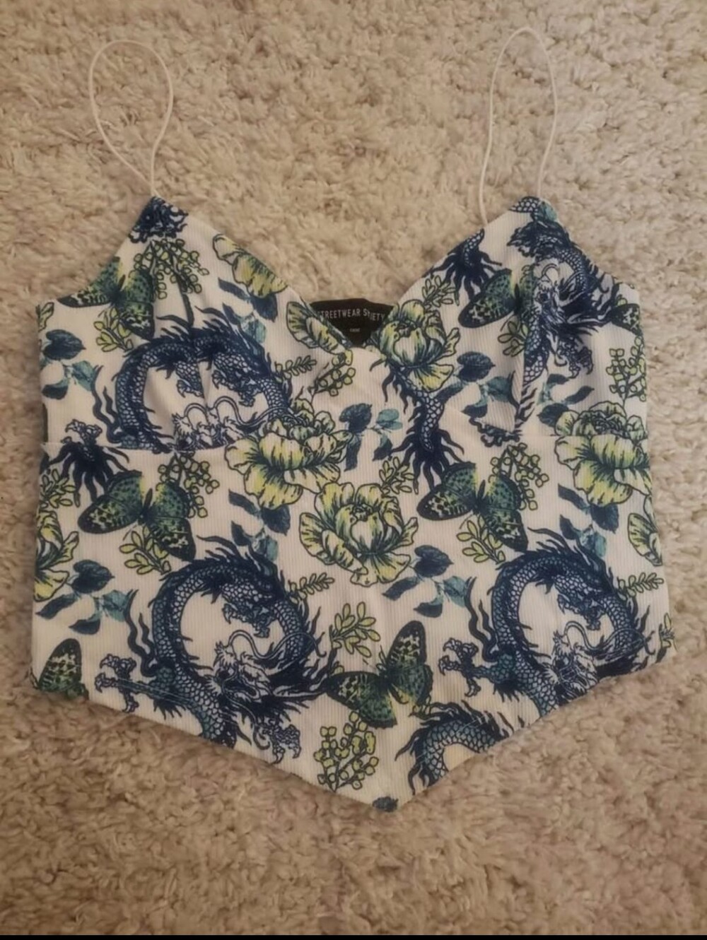 Forever 21 White Cami Top with Blue Dragon & Green Floral Print
